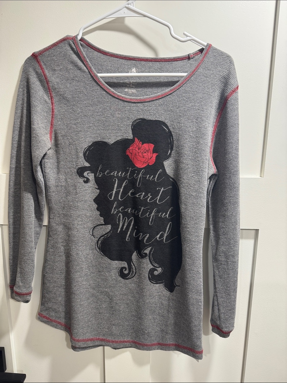 Disney Gray Long Sleeve Thermal Top with Black Graphic and Red Accent